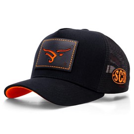 Sacudido's Cap Hat | Stylized Bull Trucker Cap - Black and Orange | Western Rancher Edition | Adjustable for Men Women