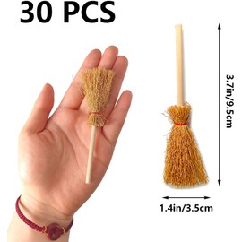 LATRAT 30 Pieces Dollhouse Mini Broom Craft Model Hanging Mini Hanging Broom Miniature Straw Broom Themed Party Broom with Red Rope for Decoration