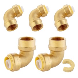 (Pack of 5) Seelink 1/2 Inch FNPT x 1/2 Inch Push Fit Female Elbow Brass fitting, Push to Connect Pex, Copper, CPVC Pipe/Tubing, With Disconnect Clip