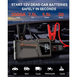 NUSICAN - Arrancador de batería de coche portátil de 2000 A, batería de arranque para coche (hasta 7.5 L de gas/5.5 L) caja de salto de 12 V 18000 mAh con cables de puente, visualización LCD grande,