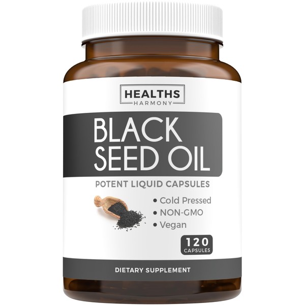 Black Seed Oil - 120 Softgel Capsules Skin Health (Non-GMO & Vegan) Cold-Pressed Nigella Sativa Producing Pure Black Cumin Seed Oil with Vitamin E - 500mg Each, 1000mg Per 2 Capsule Serving