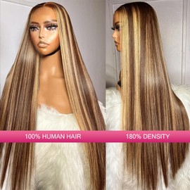 kocorose 34Inch Honey Blonde Ombre Lace Front Wig Human Hair Highlight Straight 13X6 HD Lace Front Wigs Human Hair Pre Plucked 180 Density HD Frontal Glueless Highlighted Wig Human Hair