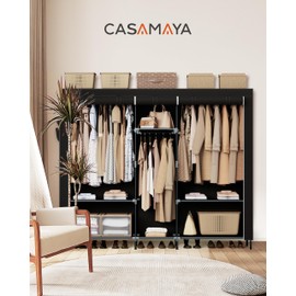 CASAMAYA Portable Closet, 77.6 Inch Extra Large Capacity Wardrobe Closet with Cover, Clothes Storage Organizer with Shelves and 3 Hanging Rods, Easy to Assembly, Black PCT223B01
