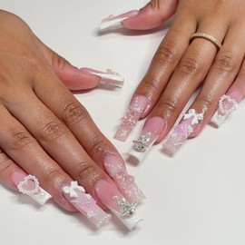 French Tip Press On Nails Fake Nails Long Coffin Square with Nude Pink White 3D Bow Designs Glossy Acrylic False Nails Long Coffin Square Glue on Nails Full Cover Thick Stick on Nails for Women Girls 24Pcs XA-70-02