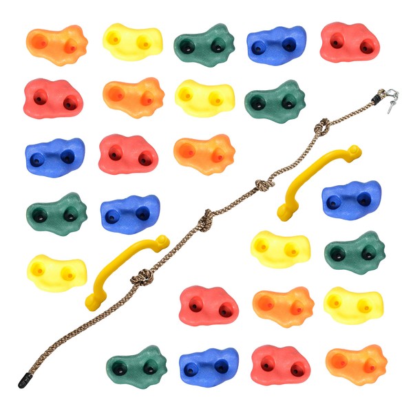Milliard DIY Rock Climbing Holds Set with 8 Foot Knotted Rope (25 Pc. Kit) Kids Indoor and Outdoor Play Set Use, Includes Mounting Screws, Handles and Hooks.
