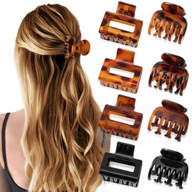 8 PCS Small Hair Clips for Women, Claw Clips for Girls, Rectangle and Double Row Hair Claws for Thin/Medium Fine Hair(Black, Leopard Print Colors)
