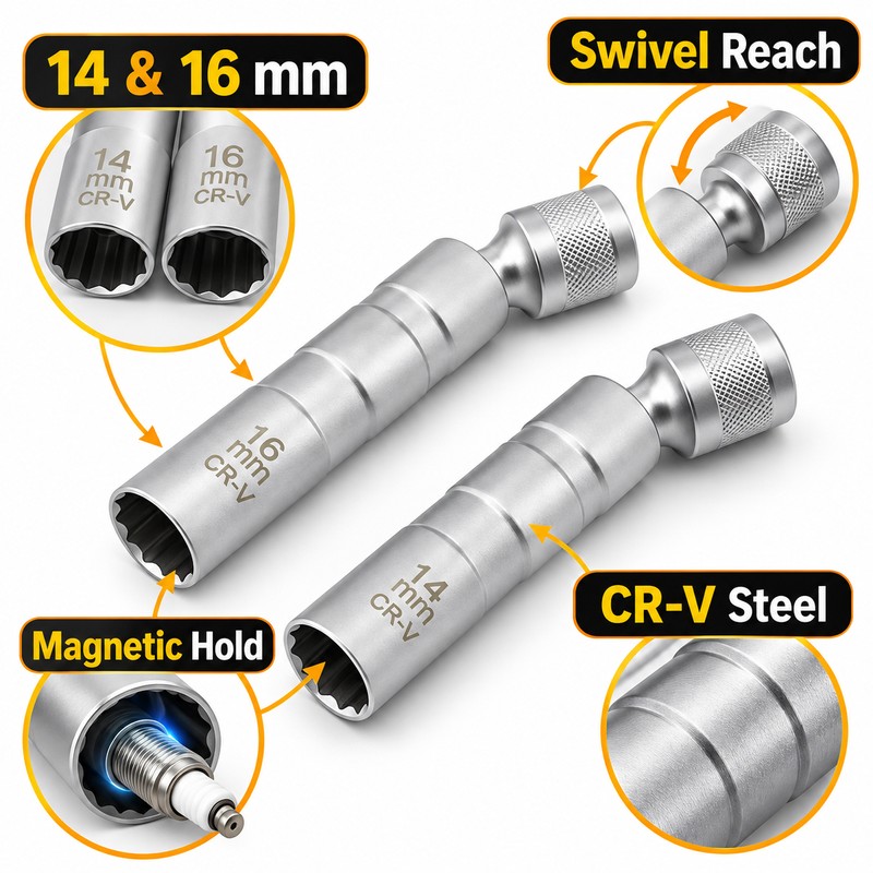 14mm 16mm Spark Plug Socket Wrench Adapter – Swivel Magnetic