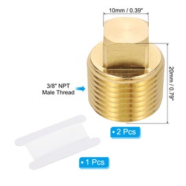 PATIKIL 3/8" NPT Male Brass Square Plug Fittings Set, 2Pcs Cored Thread Square Head Pipe Fittings Tubing End Sealing Cap with PTFE Tape for Boat, Drain Plug, Gas, Fuel Line