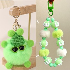 Cute Phone Lanyard Wrist Strap Tether Tab & Plush Pompom Key Chain Beaded Keychain Bag Charm for Women (Green)