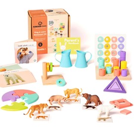 Curious Crate Wooden Montessori Toys Box for Toddlers | 9 in 1 Learning Educational Toys – Stacking Peg Board, Horizontal Dowel, Animal Figurines & more | Developmental Toy Set & Gift for 19-22 Months