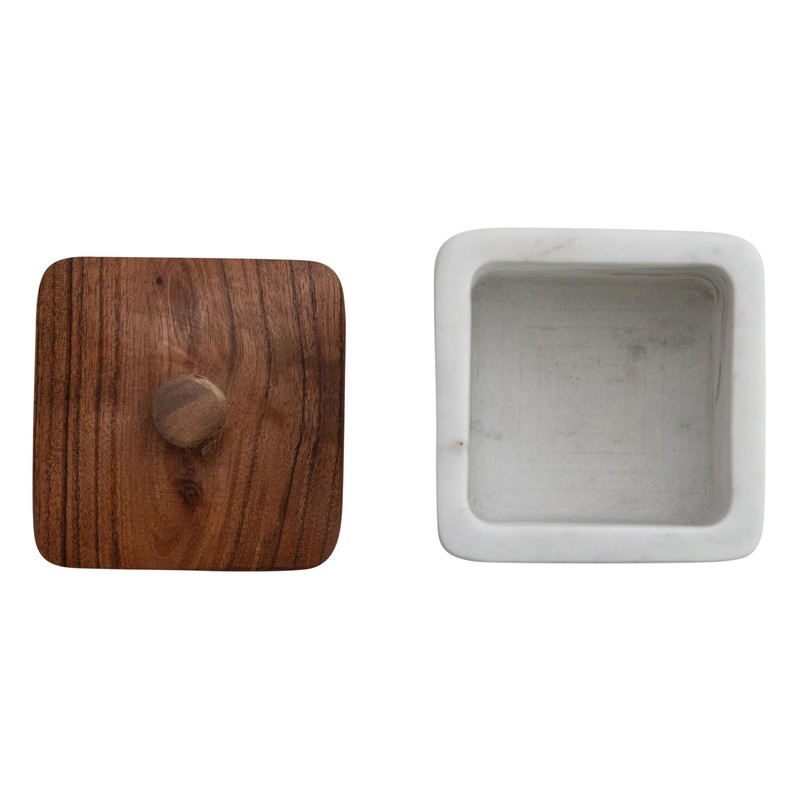 Bloomingville Marble Container with Acacia Wood Lid, White and Natural