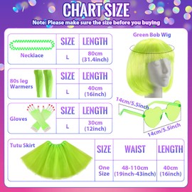 80s Women Costume Accessories Set 6 Pcs Neon Tutu Bob Wig Leg Warmers Fishnet Gloves Necklace Sunglasses for 80s Party (Neon Green, One Size)