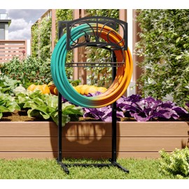 Fire Beauty Garden Hose Holder,Freestanding Water Hose Holder with Storage Basket,In ground Hose Rack Organizer for Outdoor,Detachable Hose Holder Stake,Hose Reel Stand for Outside Lawn Yard