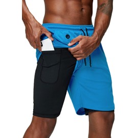 Pinkbomb Pantalones cortos de correr 2 en 1 para hombre, para gimnasio, entrenamiento, secado rápido, con bolsillo para teléfono, Azul claro, 3X-Large