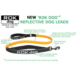 ROK DOG PREMIUM REFLECTIVE NO JOLT SAFETY STRETCH LEAD (SAFETY ORANGE HI VIZ REFLECTIVE WITH BLACK)