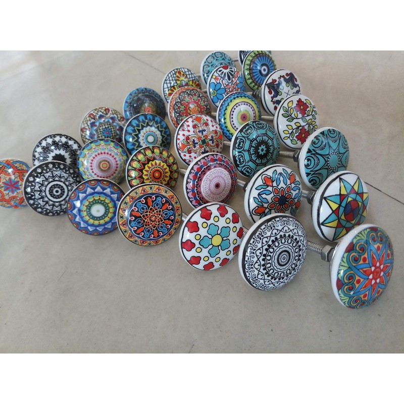 Set of 20 Handmade Mandala Colourful Ceramic and Metal Knobs