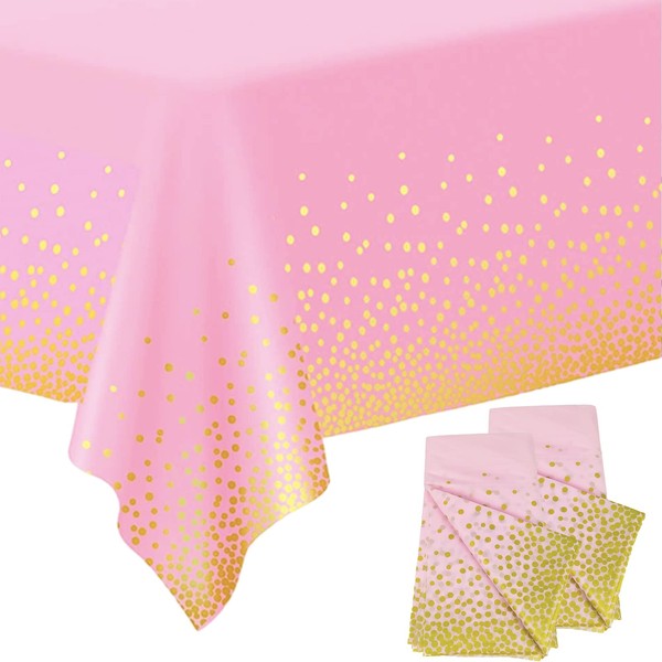 2Pcs Disposable Pink and Gold Dot Confetti Party Table Cloth 54 * 108 inch Large Plastic Waterproof Table Cover Rectangular Tablecloth for Birthday,Baby Shower,Wedding,Picnic,Party Decoration
