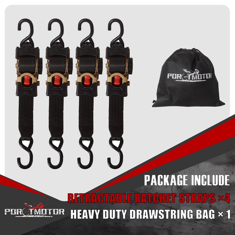 Porotmotor 4 Pack Retractable Ratchet Straps (2" × 10'), 3000LBS