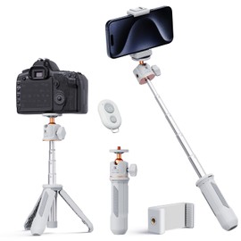 K&F Concept Camera Smartphone Tripod, with Smartphone Holder, Selfie Stick, Tripod, Mini Tripod, 5 Levels of Telescopic, Tabletop, Stable, Camcorder, Hot Shoe Included, 360° Rotation (White)