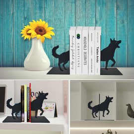 ENCIMART 1.5mm Thickened Book Ends,Wolf Bookends Decorative for Shelves,Black Metal Bookend Supports for Heavy Books, Book Stoppers for Home Library Office Desktop Organizer for Book Lovers Gift