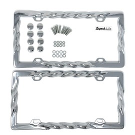 3D Curly Wave Pattern License Plate Frame Chrome Twist with Screws Caps, Set of 2