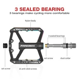 PINNAMAX Bicycle Pedals, CNC Aluminium, 9/16 Inch, Non-Slip Platform, 3 Bearings, Bicycle Pedals for Road Bike, MTB, E-Bike (Black)