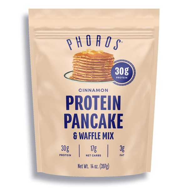 Protein Pancake Mix & Protein Waffle Mix by Phoros Nutrition, 30g of Protein, Low Carb, High Protein, Keto-Friendly, Whey Protein, Whole Grain Oats, Whole Wheat Pancakes, Just Add Water (Cinnamon)