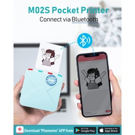 Phomemo M02S Mini Printer, 300 DPI Thermal Printer with 6 Label Rolls, Pocket Printer Sticker Printer, Compatible with 15, 25, 53 mm Paper, Ideal for Study, Scrapbooking, Photos, Gifts (Green)