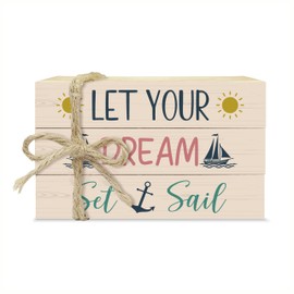 Inspirational Tiered Tray Decor, Let Your Dream Set Sail Wooden Book Stacks with Hemp Rope, Summer Decorative Book for Farmhouse, Faux Books Decor for Home Boat Beach Campe, Housewarming Gifts (08)