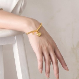 Women 925 Sterling Silver Bracelet Minimalist 4-10MM 5-9 inches Round Bead Chain Girls/Men Solid Silver Bracelet Charm Jewelry Gift (4MM Gold Heart, 5.7)