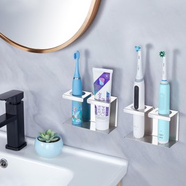 Toothbrush Holders Wall Mounted, Electric Toothbrush Holders for Bathroom, Stainless Steel Tooth Brush Organizer, Adhesive or Freestanding Tooth Brush Holder for Electric Toothbrush Toothpaste Razor