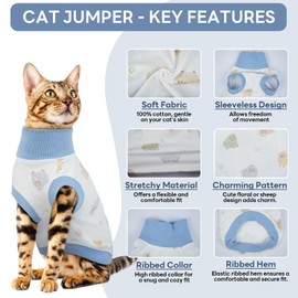 Hjyokuso Cat Jumper, Soft Cotton Sleeveless Cat Clothing, Breathable High Neck Outfit for Daily Wear and Anti-Shedding, Indoor Use, Light Warmth, Multi-Kitten Identifier (Blue Print S)