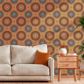 LACHEERY Peel and Stick Wallpaper Vintage Boho 17.5"x276" Geometric Burnt Orange and Teal Boho Wallpaper for Bathroom Living Room Accent Wall Paper Removable Contact Paper for Cabinets and Drawers
