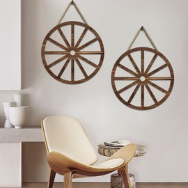 FOMIYES Wooden Cart Wheel Decor: 2 Pieces Vintage Wooden Cart Wheel Decor Western Party Decorations Hanging Wheels Wall Art Decor For Garden Home Bar Garage