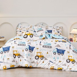 Mooreeke Twin Size Comforter Sets for Girls Kids, 6 Pieces Bed in a Bag Truck Excavator Bedding Comforter Sheet Set with Shams and Decorative Toy Pillow, Ultral Soft Microfiber Kids Bed Set