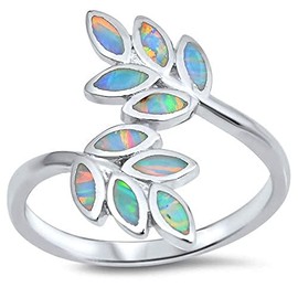 White Simulated Opal Leaf Branch Vine Tree Ring .925 Sterling Silver Band Size 7
