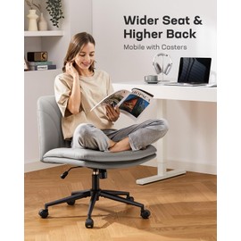 Marsail Armless-Office Desk Chair with Wheels: PU Leather Cross Legged Wide Chair,Comfortable Adjustable Swivel Computer Task Chairs for Home,Office,Make Up,Small Space,Bed Room, Grey