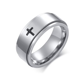 8mm Titanium Steel Silver Fidget Ring Engraved Small Cross Stainless Steel Spinner Rings Stress Relieving Anxiety Ring Engagement Wedding Promise Band for Women Men Boys Girls Size 8