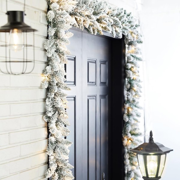Glitzhome Set of 2 9ft Pre-Lit Snow Flocked Christmas Garlands