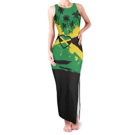 Srengjodk Jamaican Outfits for Women 2024 Jamaican National Colors Dress Long Dress Summer Vacation High Slit Dress Jamaica Ethnic Style Casual Dress Love Print X-Large