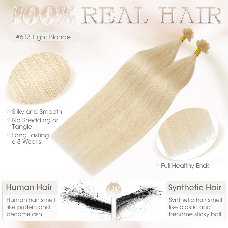 Elailite Real Hair Extensions Bondings 60 cm #613 Light Blonde