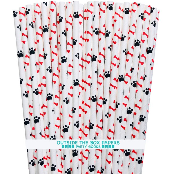 Dog Theme Bone and Paw Print Paper Drinking Straws - Black White Red - 7.75 Inches - 100 Pack - Outside the Box Papers Brand