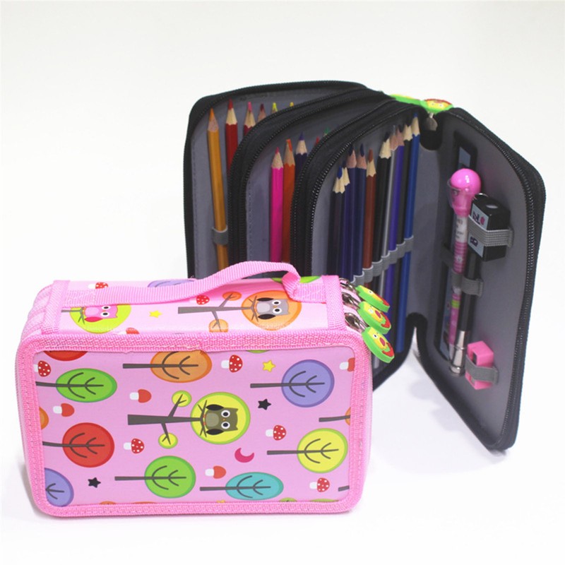 Large Pencil Case Cartoon Pink 4 Tiers 72 Holes Impact