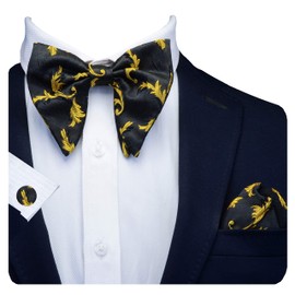 GUSLESON Floral Yellow Bow Tie and Pocket Square Cufflink Set Oversized Tuxedo Bow Ties for Men Black (0617-08)