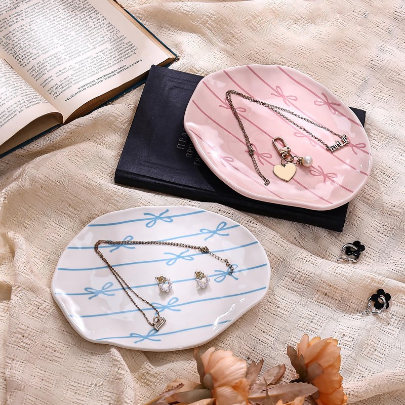 Koythin Ceramic Jewelry Tray, Cute Blue Stripe Bow Jewelry Dish