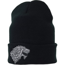GOT Beanie with Embroidery House of Stark Wolf | Warm Winter Beanie Breathable Acrylic Knit hat Beanie Strechable and Soft Cuffed Beanie Cap for Men Women | Unisex | Black