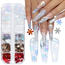 12 Grids Snowflakes Nail Art Glitters for Christmas Snowflake Nail Sequins - 3D Sparkly Christmas Nail Decals White Snow Nail Flakes Design Xmas Winter DIY Manicure Decoration Nail Art Supplies