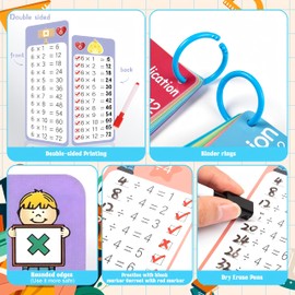 60Pcs Multiplication Division Addition & Subtraction Flash Cards, Math Flash Card Set with 8 Dry-Erase Pens, 4 Rings | Times Table Flash Cards for 1st - 3rd Grades | Fun Learning with Math Games