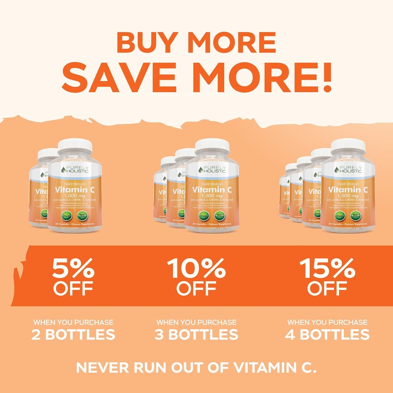 Purely Holistic Vitamin C 1000mg, 365 Capsules, 12 Month Supply,