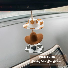 Cowboy Hat Car Charm,Country Rear View Mirror Hanging Accessories,Sunflower Cowgirl hat Cow Print Car Decor,Cute Handmade Felt Mini Hat Ornament Pendent for Women Girls (Flower)